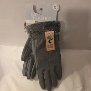Isotoner Gray Fleece Gloves with Faux Fur Trim
