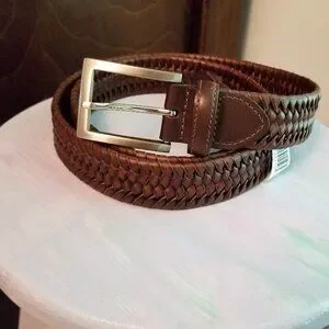 J & M Brown Braided Leather Belt Size 38 NWT Silver Tone Buckle