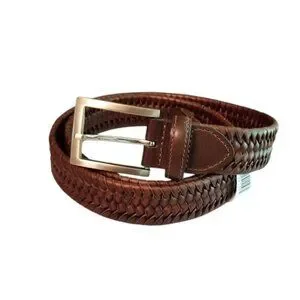 J & M Brown Braided Leather Belt Size 38 NWT Silver Tone Buckle