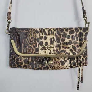 Jessica Simpson Leopard Print Kiss Lock Fold Over Crossbody Clutch Brown Y2K
