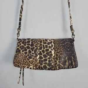 Jessica Simpson Leopard Print Kiss Lock Fold Over Crossbody Clutch Brown Y2K