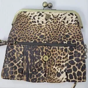 Jessica Simpson Leopard Print Kiss Lock Fold Over Crossbody Clutch Brown Y2K