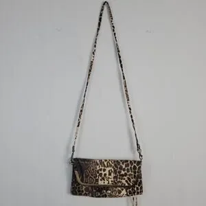 Jessica Simpson leopard print kiss lock fold over crossbody clutch brown Y2K