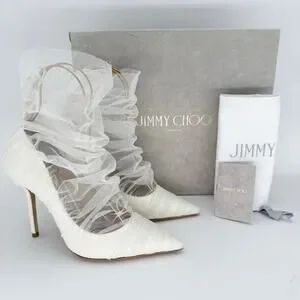 JIMMY CHOO Lavish 100 Glitter Satin Heels EU 38 US 7-8 Ivory White Bridal Pumps
