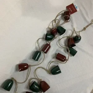Jingle Bells Garland Christmas Holiday 2 Set Metal Green Maroon Rustic Jute New