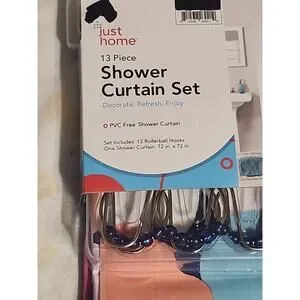 Just Home PVC Shower Curtain Set 13 Pc Floral Multicolor Rollerball Hooks 72"x72