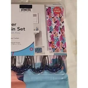 Just Home PVC Shower Curtain Set 13 Pc Floral Multicolor Rollerball Hooks 72"x72
