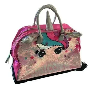 JUSTICE Girls Unicorn Sequin Rolling Travel Bag Carry-On