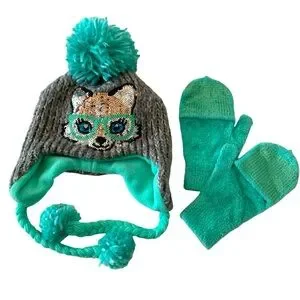 JUSTICE Sparkly Sequined Animal Themed Knit Hat & Gloves One Size