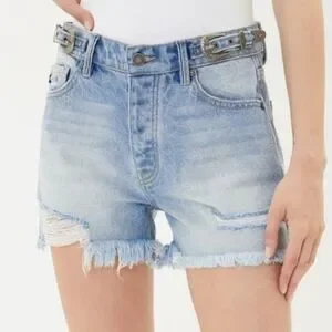 KanCan Side Belt High Rise Cut-off Distressed Denim Jean Shorts Size 9 28