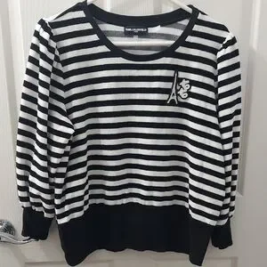 Karl Lagerfeld Womens Black And White Striped Crew Neck Sweater Soft Lar…