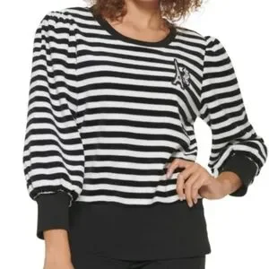 Karl Lagerfeld Womens Black and White Striped Crew Neck Sweater Soft Lar…