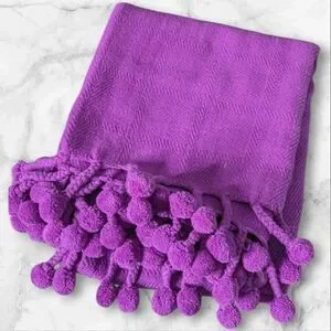Karma Living Textured Purple Woven Cotton Sofa Throw With Large Pom Pom Fringe