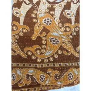 Karma Living Throw Blanket 84" X 52" Kantha Stitch Orange Brown Floral Bohemian