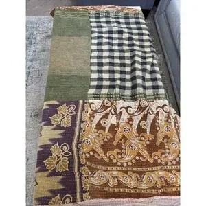 Karma Living Throw Blanket 84" X 52" Kantha Stitch Orange Brown Floral Bohemian