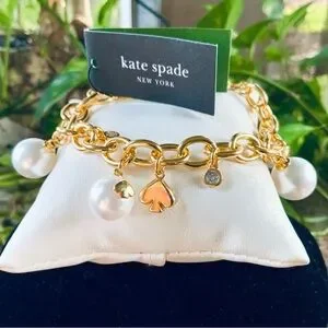 Kate Spade Bracelet GOLD PEARL LINK CHAIN W/ CHARMS NEW W/TAG