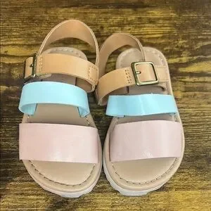 Kids Sandals with Adjustable Straps - Tan Blue and Pink