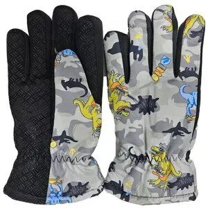 Kids Winter Gloves Boys Girls Ski Glove Faux Fur Lined Dinosaur Designs Gray
