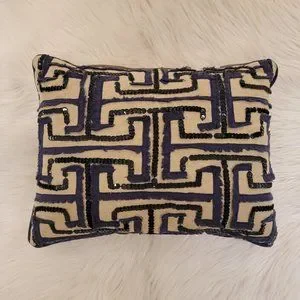 Kim Seybert Sequin Embellished Decorative Cotton Pillow Navy and Linen 13 x 15