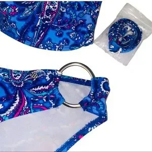 Kirra Swim Blue & Pink Paisley Keyhole Boho Ruffled Bandeau Bikini Size L