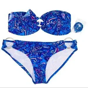 Kirra Swim Blue & Pink Paisley Keyhole Boho Ruffled Bandeau Bikini Size L
