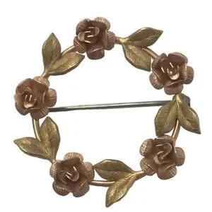 Krementz Gold Plated Round Leaf Rose Pin Brooch Signed