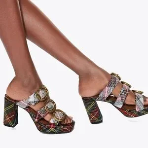 Kurt Geiger London MAYFAIR PLATFORM MULE HEEL Size 37 US 7 Plaid Rhinestone NEW