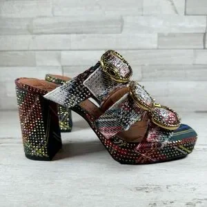 Kurt Geiger London MAYFAIR PLATFORM MULE HEEL Size 37 US 7 Plaid Rhinestone NEW