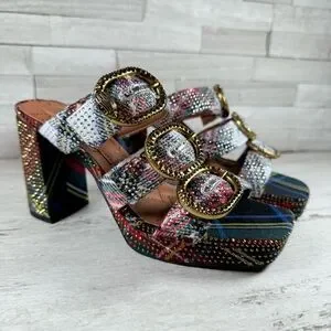 Kurt Geiger London MAYFAIR PLATFORM MULE HEEL Size 37 US 7 Plaid Rhinestone NEW
