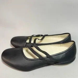 KURU Bella Black Leather Elastic Strap Mary Jane Ballet Flats