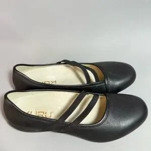 KURU Bella Black Leather Elastic Strap Mary Jane Ballet Flats