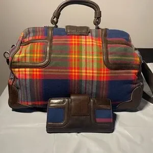 L.A.M.B. Tartan Plaid Red & Blue Crossbody Bag Duffel Bag With Matching Wallet