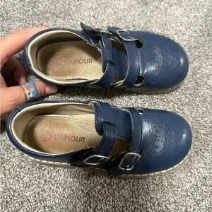L’Amour Beatrix Double T Strap Navy Leather Shoes Sz 11