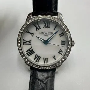 Lancaster Italy Watch Women Silver Tone Crystal Bezel MOP Dial Leather Band