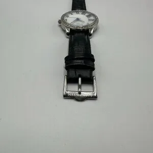 Lancaster Italy Watch Women Silver Tone Crystal Bezel MOP Dial Leather Band