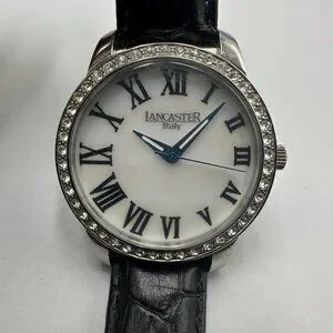 Lancaster Italy Watch Women Silver Tone Crystal Bezel MOP Dial Leather Band