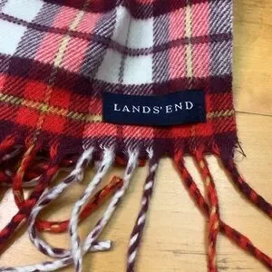 Land's End Red Plaid Winter Scarf EUC 418320 Unisex 15"x62"
