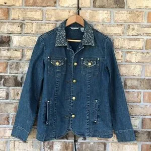 Laura Ashley Women’s Stretchy Cotton Blue Studded Rhinestone Denim Jean Jacket M