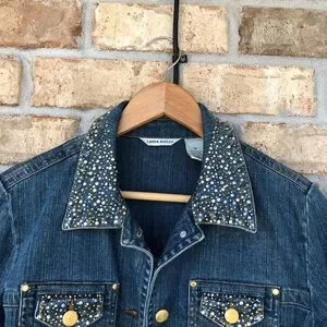 Laura Ashley Women’s Stretchy Cotton Blue Studded Rhinestone Denim Jean Jacket M