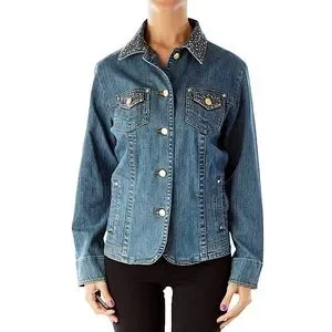 Laura Ashley Women’s Stretchy Cotton Blue Studded Rhinestone Denim Jean Jacket M
