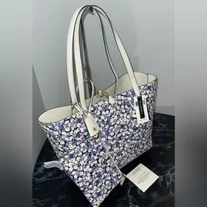 LAUREN RALPH LAUREN Bag Leather Print Tote Purple Vanilla/Breeze Floral W Pouch