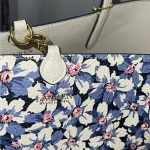 LAUREN RALPH LAUREN Bag Leather Print Tote Purple Vanilla/Breeze Floral W Pouch