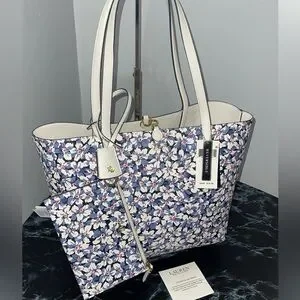 LAUREN RALPH LAUREN Bag Leather Print Tote Purple Vanilla/Breeze Floral w Pouch
