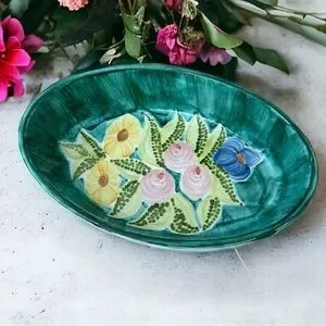 Laurie Gates Oven Baking Dish Bowl Pottery Floral ‘96 Pink Roses Sunflowers