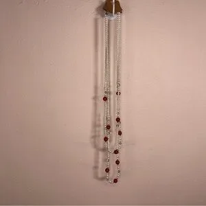 LAYERED BEADED NECKLACE RED IVORY WHITE 30” VINTAGE RETRO