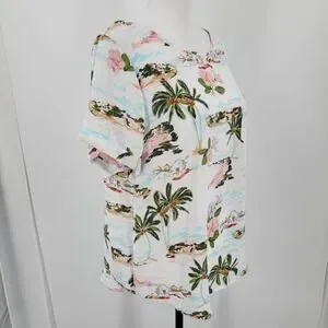LC Lauren Conrad Blouse Womens Medium Tropical Beach Print Pocket Short Sleeve