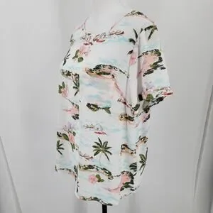 LC Lauren Conrad Blouse Womens Medium Tropical Beach Print Pocket Short Sleeve