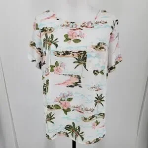 LC Lauren Conrad Blouse Womens Medium Tropical Beach Print Pocket Short Sleeve