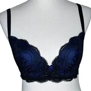 Le Mystere Isabella All Over Lace Bra Cobalt Blue Black Style 2535 Size 32E