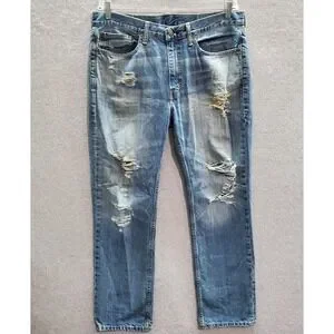 Levi's 514 Men Jeans 35x32 Denim Straight Fit Distressed Pockets Medium Wash